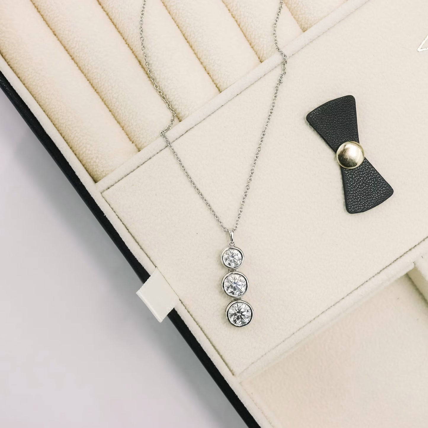 0.80 TCW Round Moissanite Diamond Three Bezel Pendant Necklace in Solid Gold 1