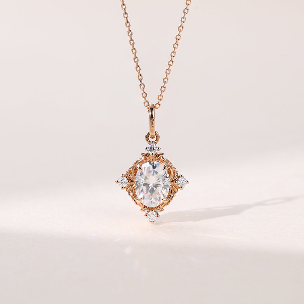 1.10 CT Oval Moissanite Diamond Art Nouveau Pendant Necklace in Solid Gold 1