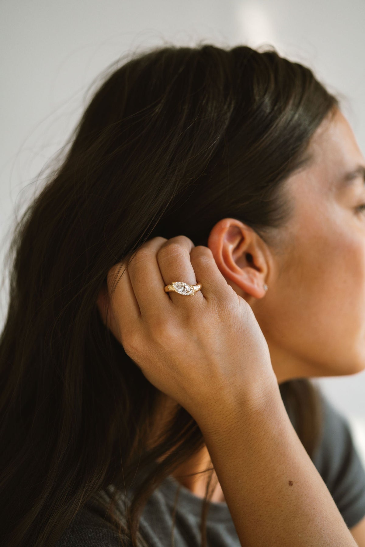 Marquise Shaped Three Stone Lab Grown Diamond Engagement Ring