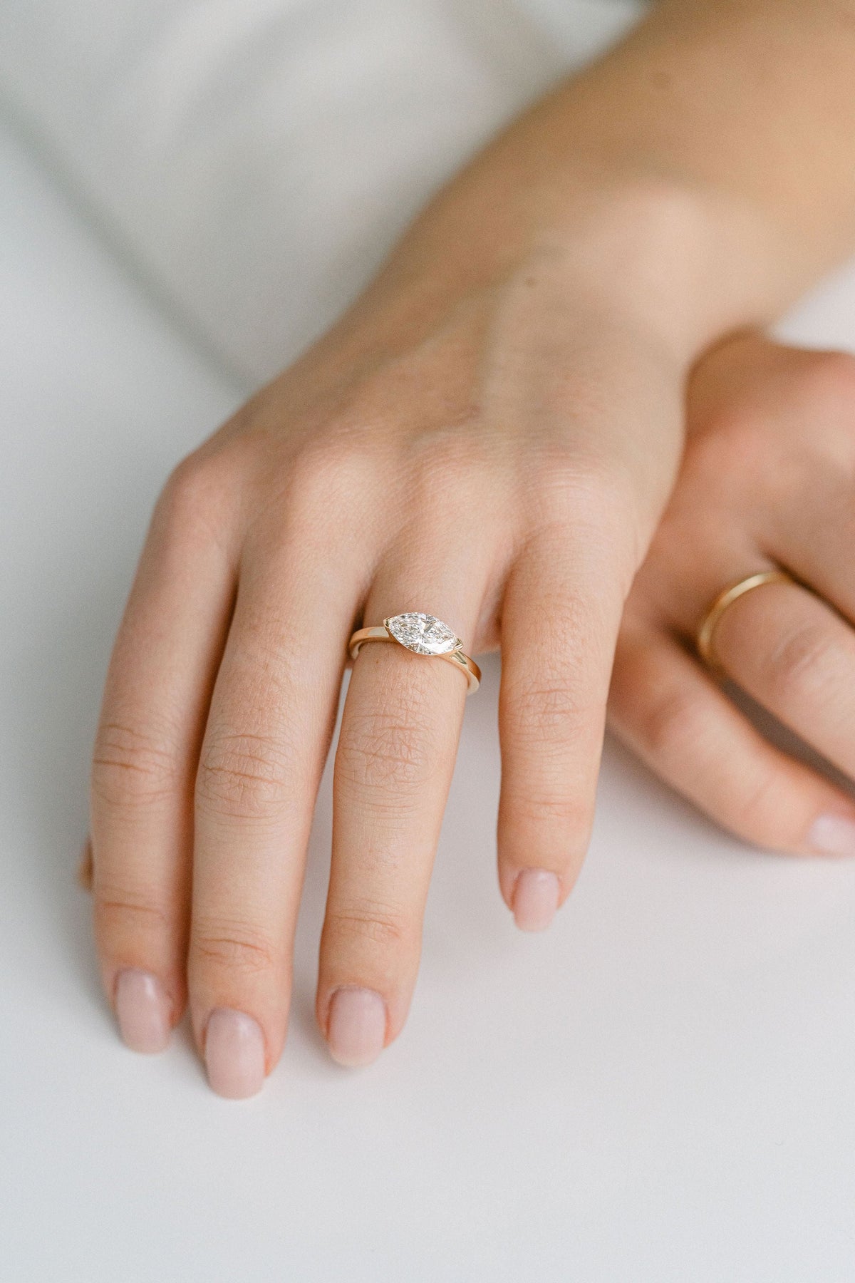 Marquise Shaped Three Stone Lab Grown Diamond Engagement Ring