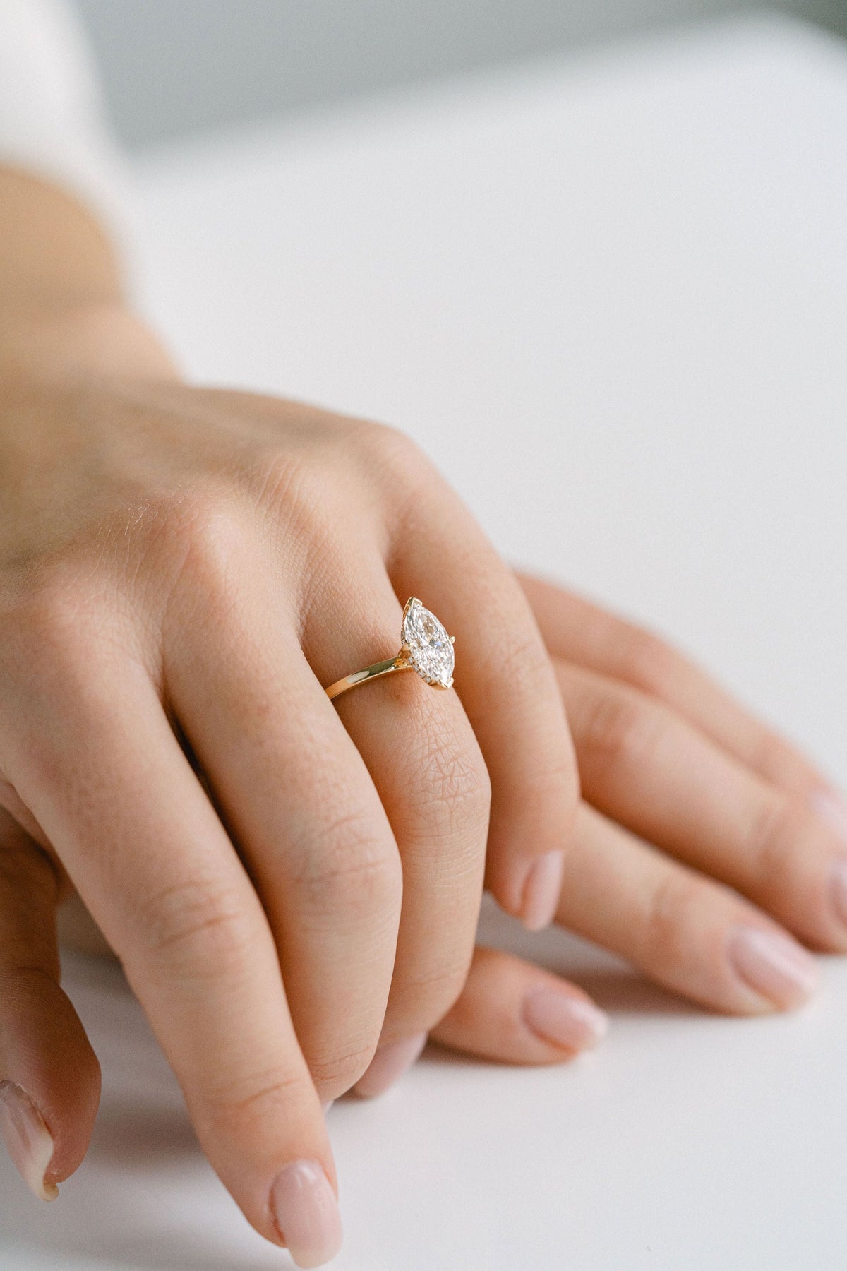 Marquise Shaped Three Stone Lab Grown Diamond Engagement Ring