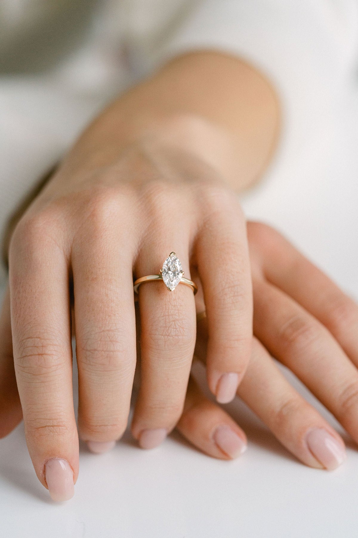 Marquise Shaped Three Stone Lab Grown Diamond Engagement Ring