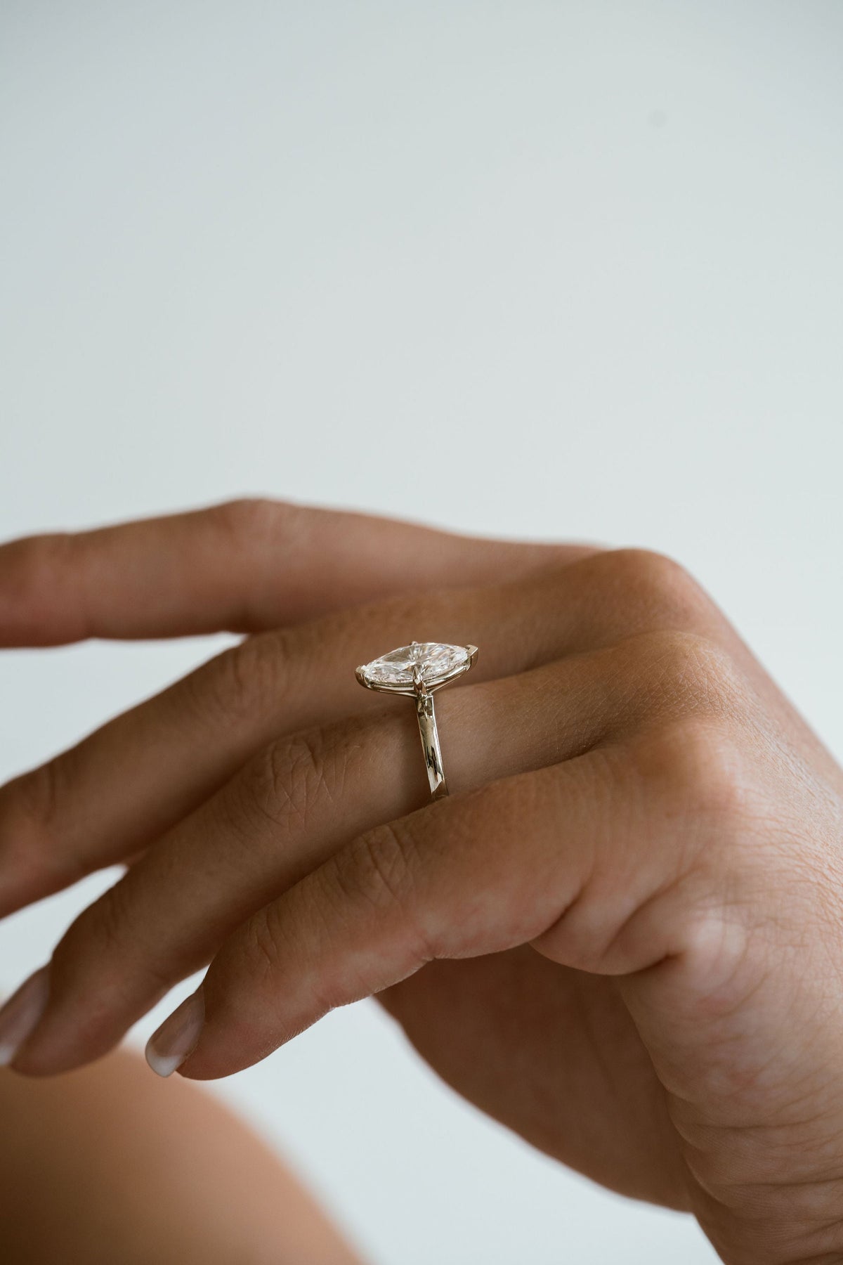 Marquise Shaped Three Stone Lab Grown Diamond Engagement Ring