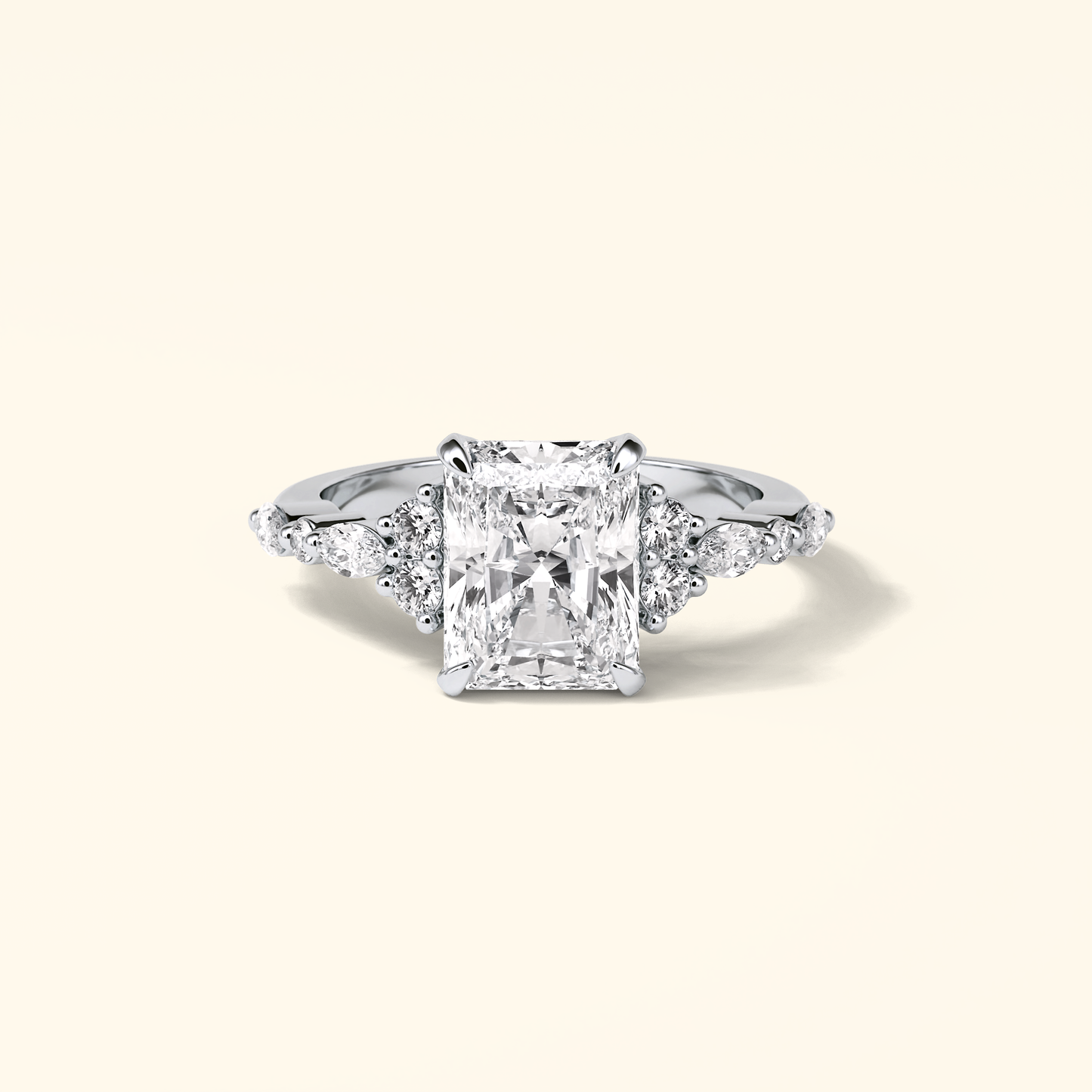 Radiant Moissanite Cluster Engagement Ring – 2.30 CT Center Stone with Pave Band in Solid Gold