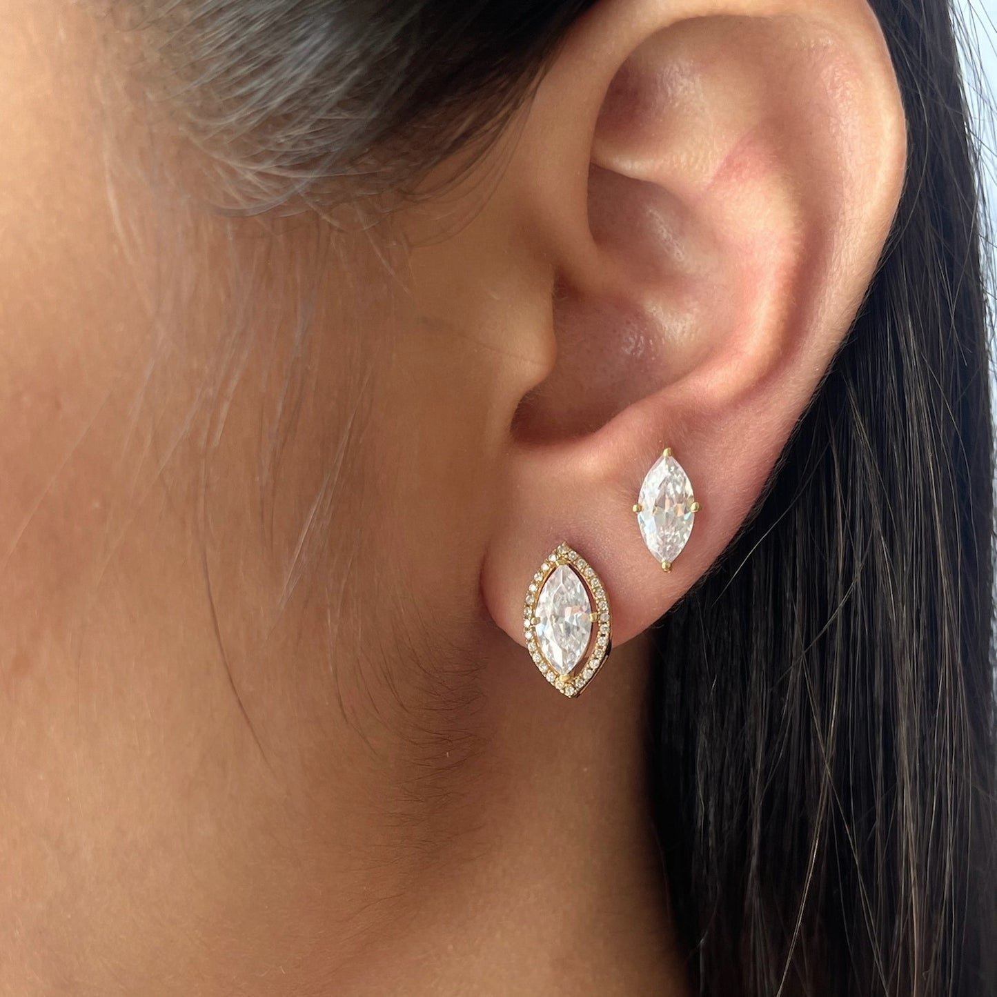 0.75 TCW Marquise & Round Cut Moissanite Halo Earrings in Gold 2