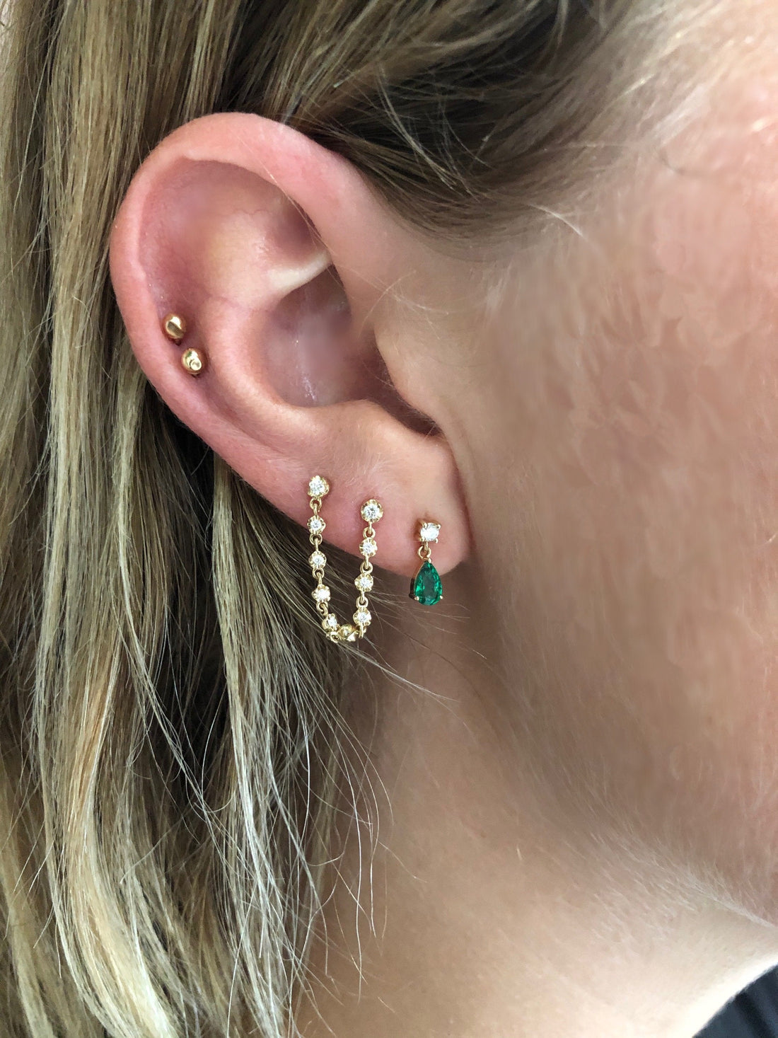 0.50 TCW Round Cut Moissanite Two Piercings Chain Earrings in Gold 2