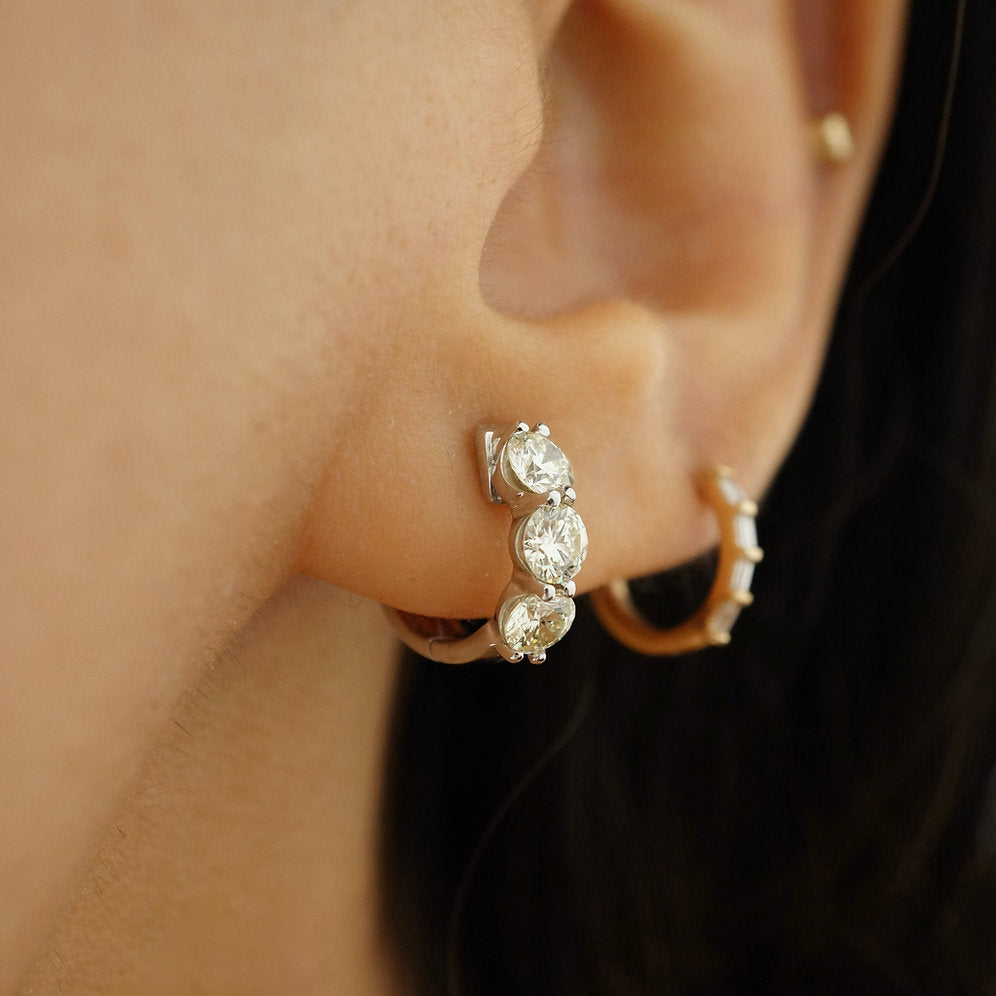 0.40 TCW Round Cut Moissanite Three Stone Hoops Earrings in Gold 2