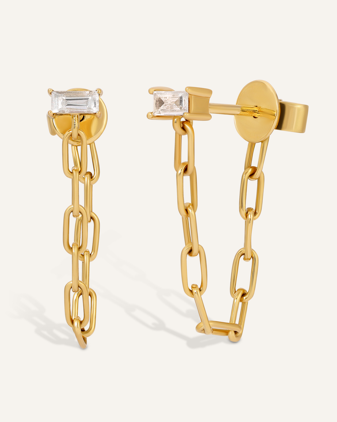 0.10 TCW Baguette Cut Moissanite Link Chain Earrings in Gold 1