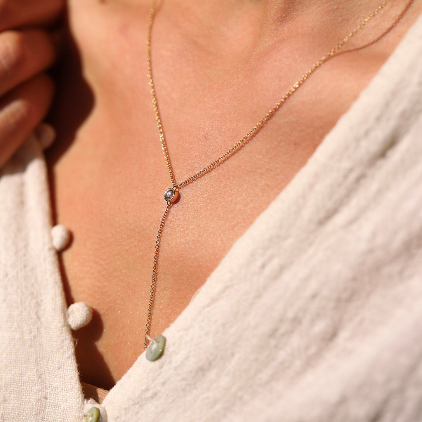 0.04 CT Round Moissanite Diamond Bezel Lariat Necklace in Solid Gold 1