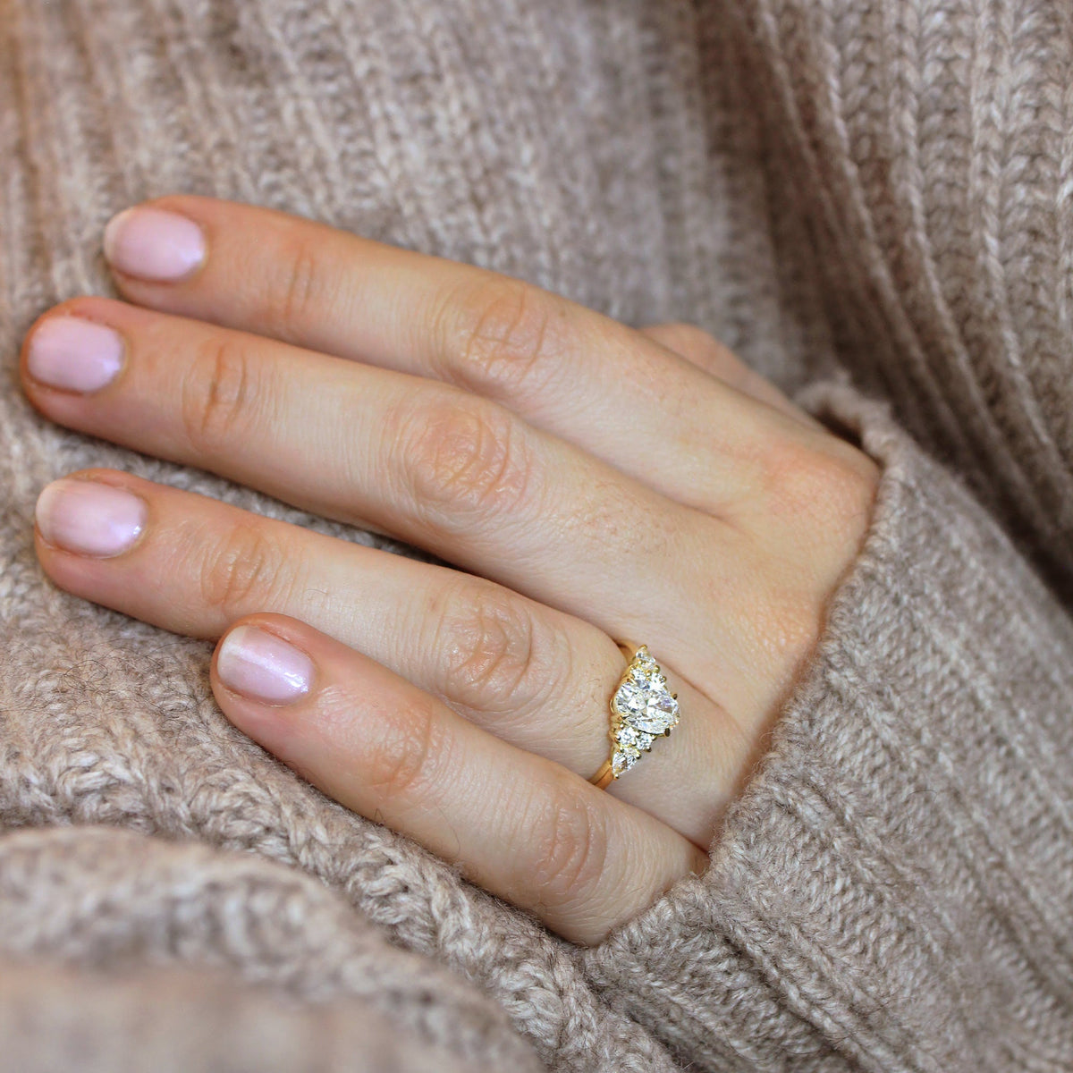 Marquise Shaped Three Stone Lab Grown Diamond Engagement Ring