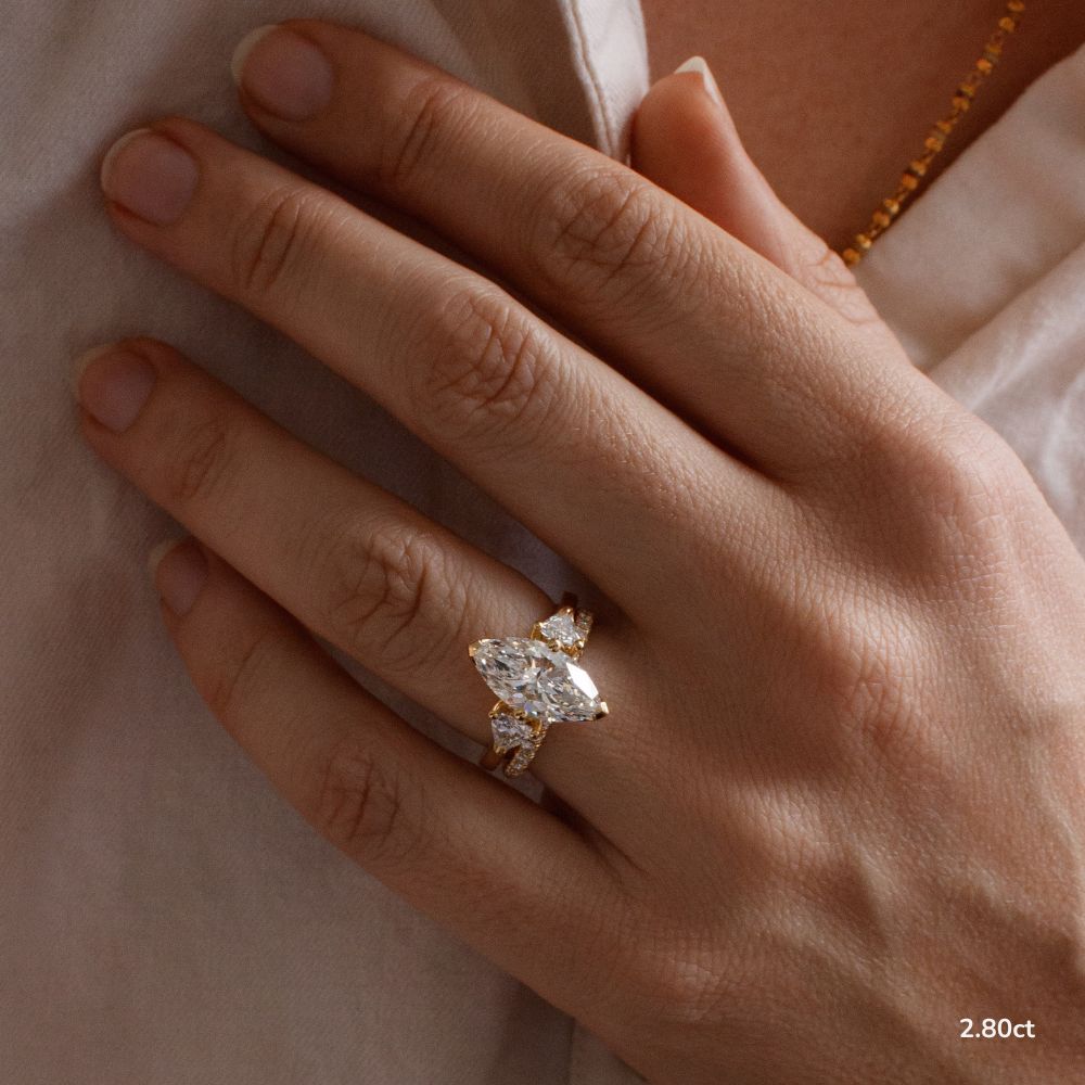 Marquise Shaped Three Stone Lab Grown Diamond Engagement Ring