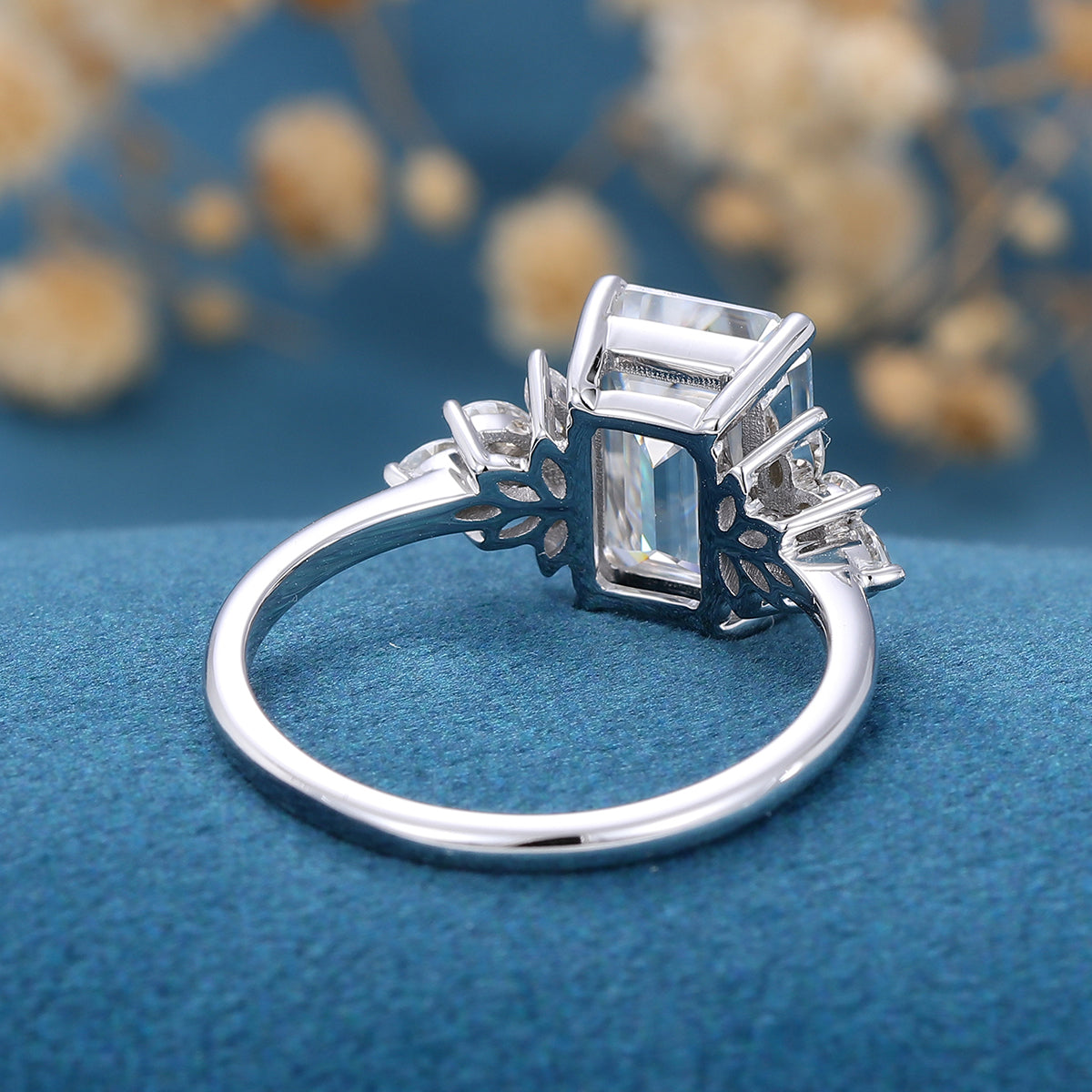 2.0 CT Emerald Shaped Moissanite Cluster Engagement Ring 5