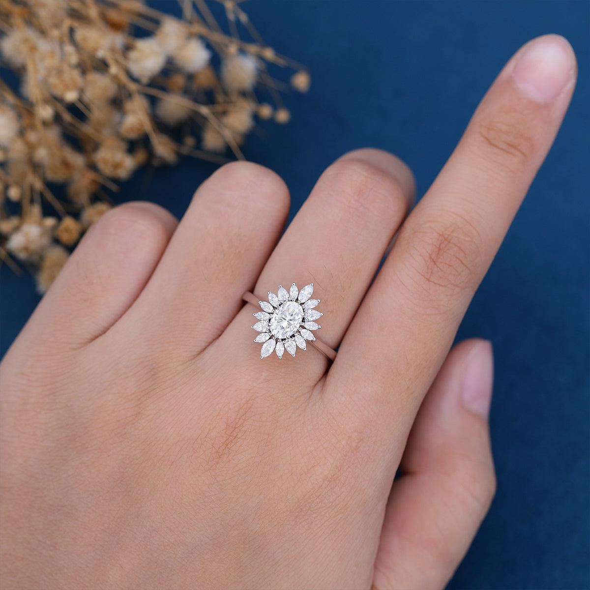 0.84 CT Oval Shaped Moissanite Halo Engagement Ring 4