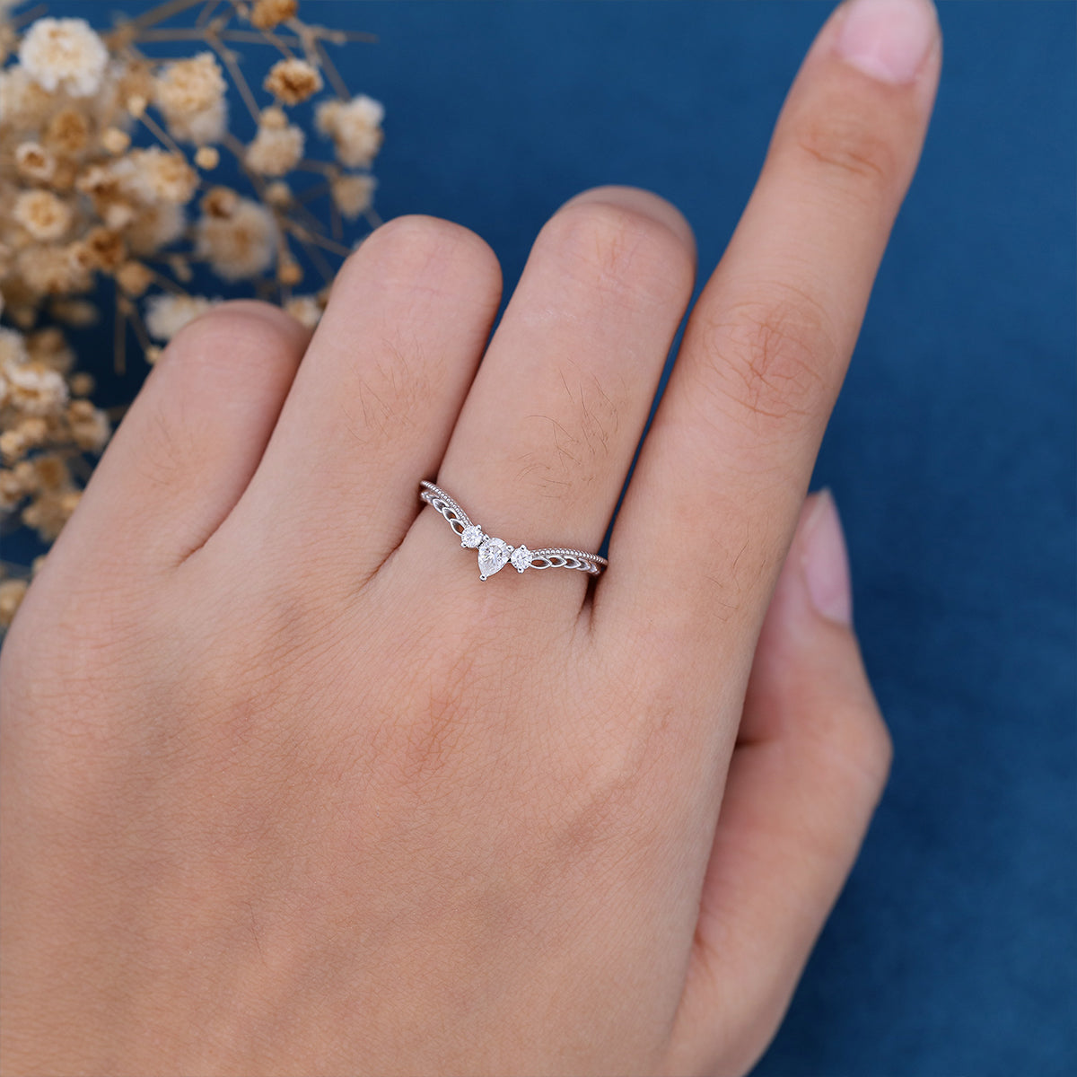 1.50 CT Round & Pear Shaped Moissanite Vintage Curved Wedding Band 2