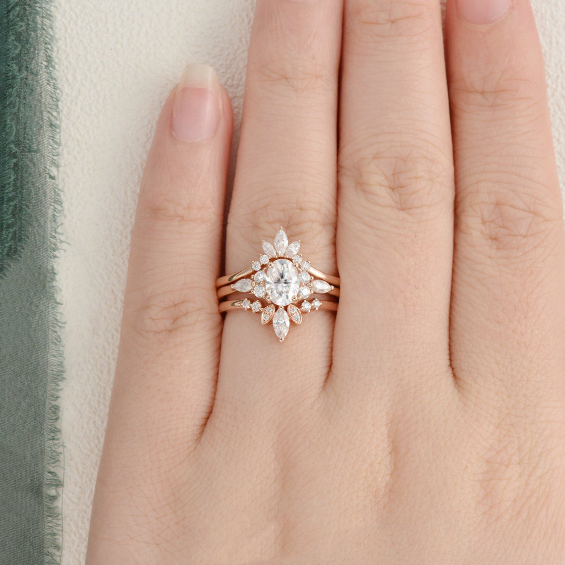 1.0 CT Oval Cut Cluster Art Deco Moissanite Bridal Ring Set 2